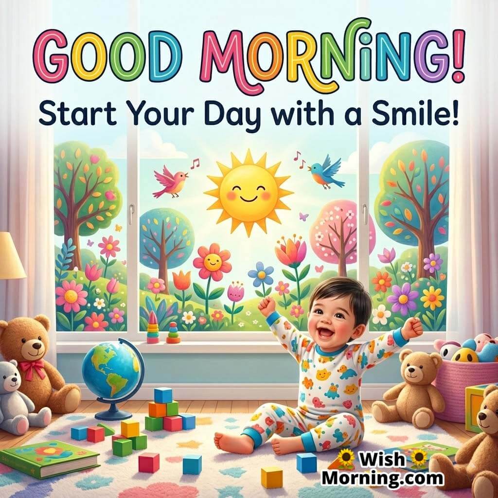 Good Morning smile quote for kids image featuring a happy baby sitting in a colorful playroom with toys, teddy bears, blocks, and a cheerful sunshine window scene symbolizing joy, laughter, and a bright start to the day.