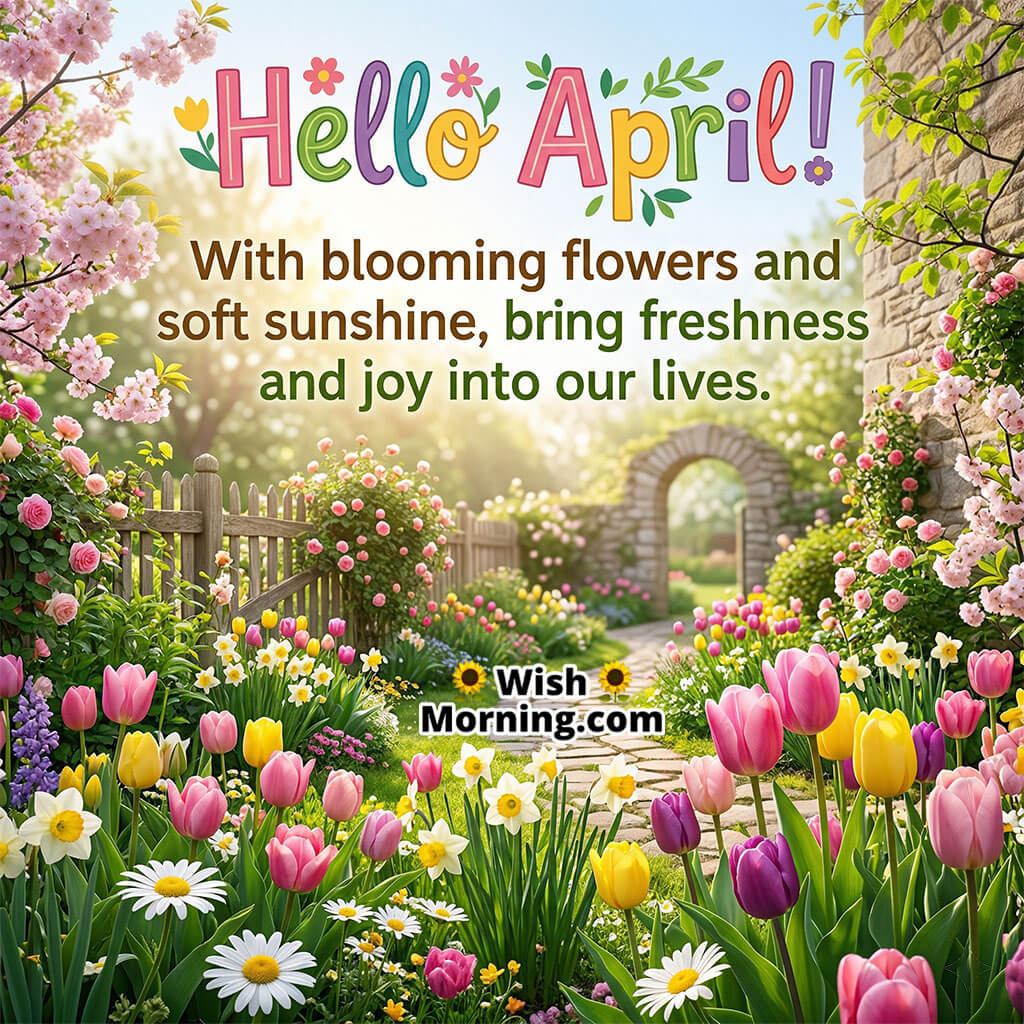 Hello April Fresh Joy and Sunshine Message Image featuring a blooming spring garden with colorful tulips, daisies, and a stone pathway symbolizing freshness, happiness, and new seasonal energy.