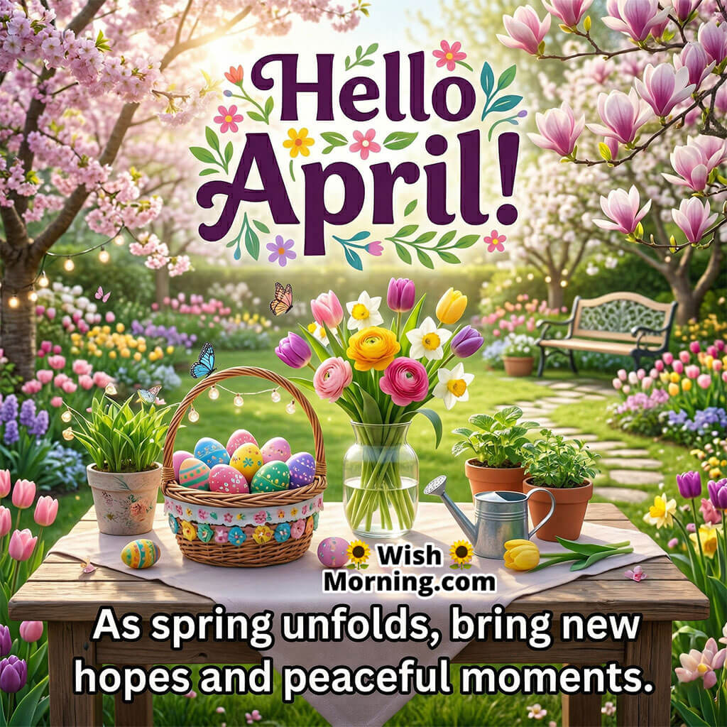 Hello April New Hope and Peaceful Moments Message Image featuring a spring garden scene with flowers, decorative basket, and soft blossoms symbolizing hope, calmness, and fresh beginnings.