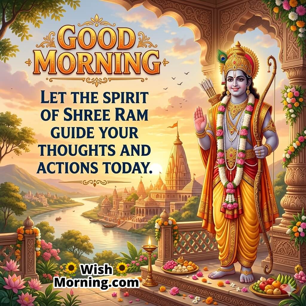 Inspirational Good Morning Shree Ram Guidance Quote Image featuring Lord Ram standing with blessing hand near temple and river view with floral decorations and diya symbolizing guidance, wisdom, and righteous path.