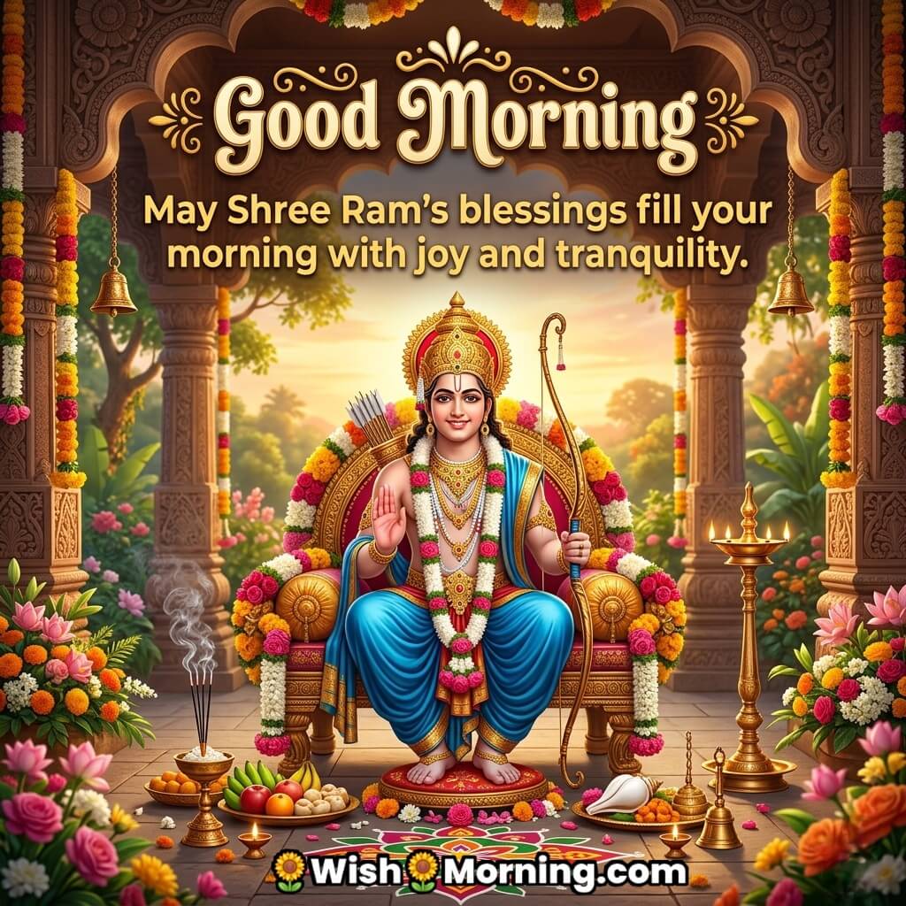 Peaceful Good Morning Shree Ram Blessings Image featuring Lord Ram seated with blessing gesture, surrounded by flowers, temple pillars, diya and offerings symbolizing calmness, joy, and spiritual harmony.