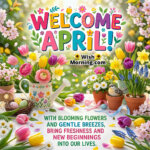 Welcome April Fresh Beginnings Message Image featuring colorful spring flowers, decorative elements, and bright cheerful setup symbolizing renewal, freshness, and new beginnings.
