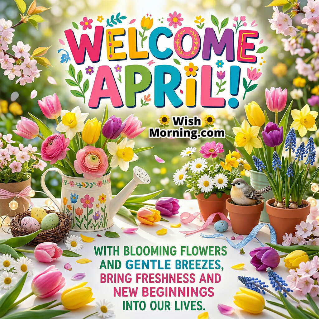Welcome April Fresh Beginnings Message Image featuring colorful spring flowers, decorative elements, and bright cheerful setup symbolizing renewal, freshness, and new beginnings.