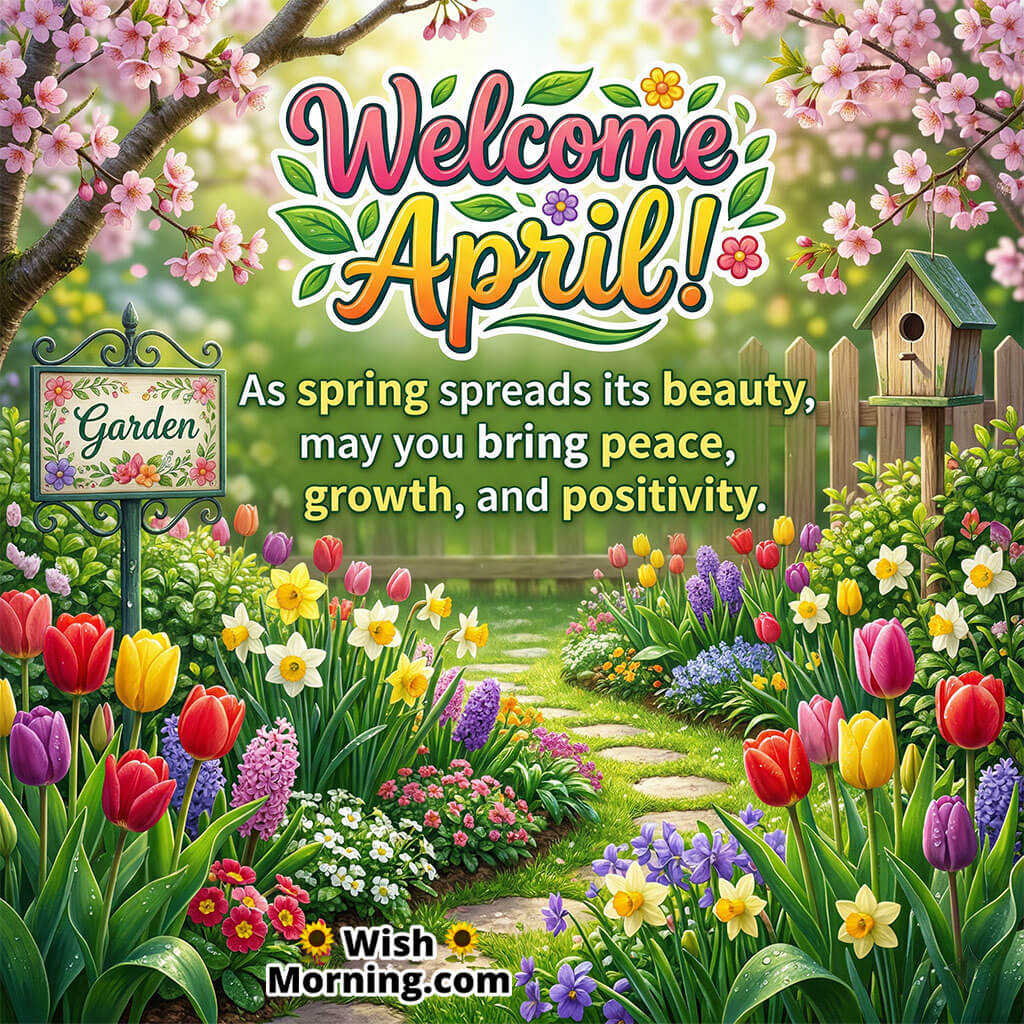 Welcome April Spring Growth and Positivity Message Image featuring a vibrant garden full of colorful flowers and greenery symbolizing growth, peace, and positive energy.
