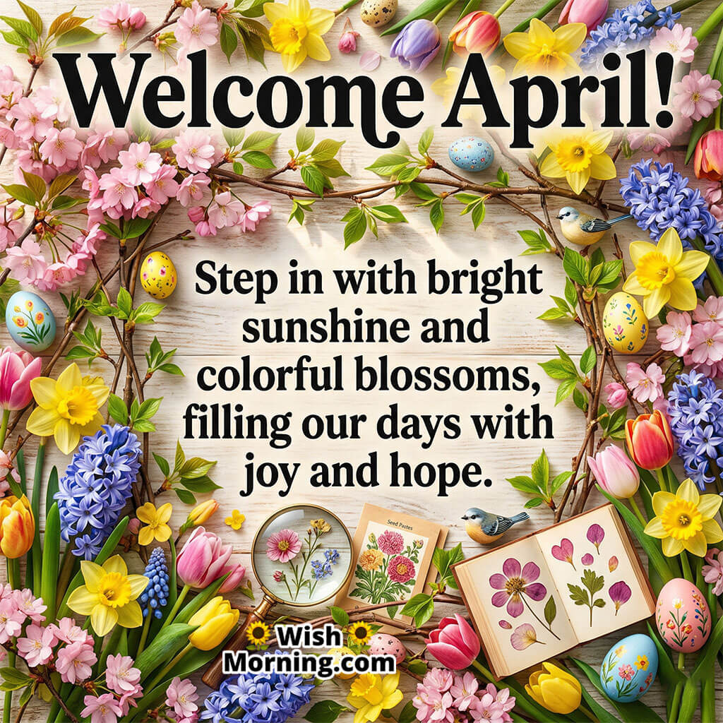 Welcome April Spring Joy and Hope Quote Image featuring blooming flowers arranged around a decorative frame with soft pastel tones symbolizing happiness, hope, and seasonal beauty.