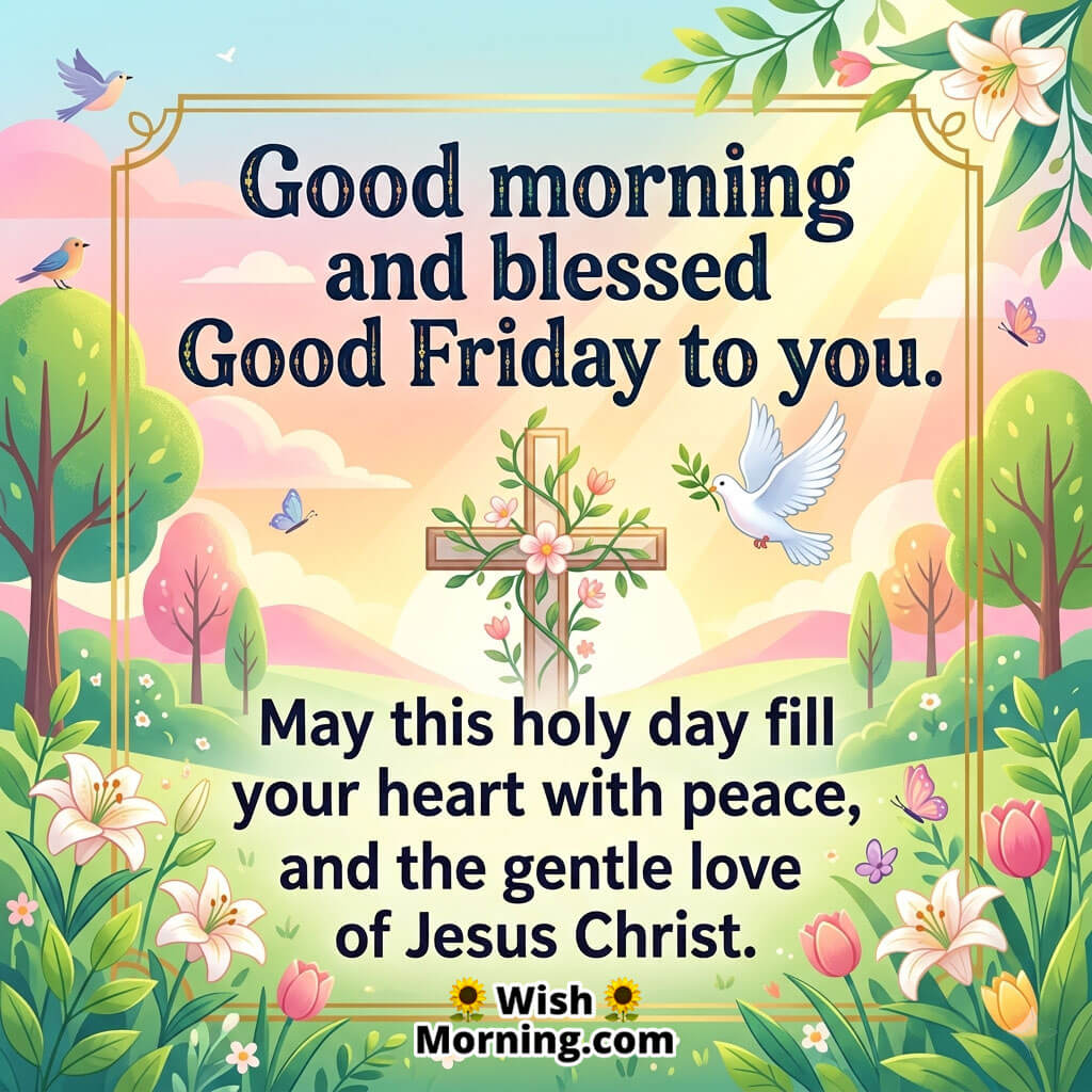 Blessed Good Friday Peace and Love Message Image featuring a floral cross, white dove, and soft sunrise background symbolizing divine love, peace, and spiritual blessings.