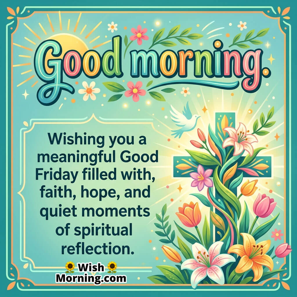 Good Friday Faith and Reflection Morning Wish Image featuring a glowing cross with flowers, sunlight rays, and peaceful elements symbolizing faith, hope, and quiet spiritual reflection.
