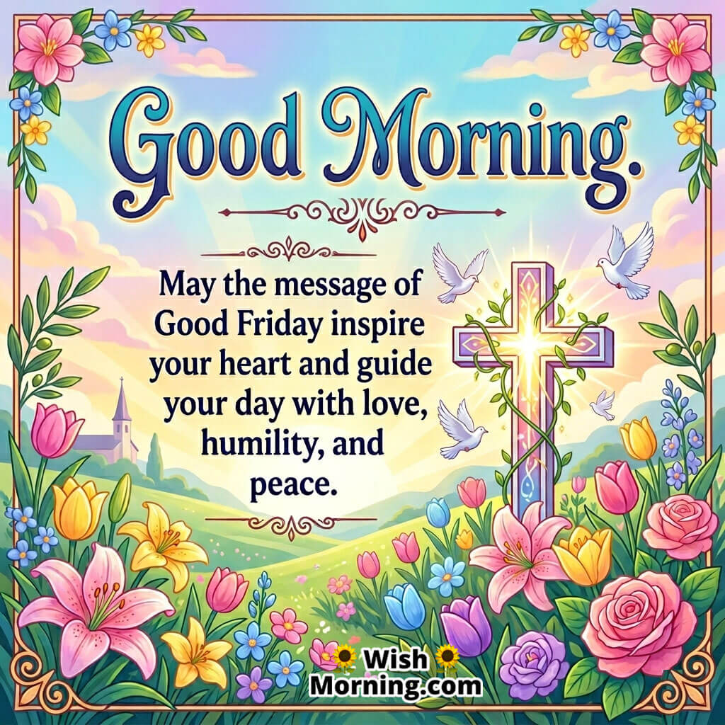 Good Friday Inspiration Love and Humility Message Image featuring a radiant cross with flowers and doves symbolizing love, humility, guidance, and inner peace.