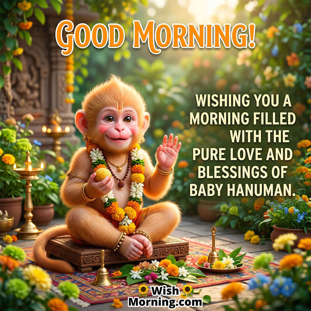 Good Morning Baby Hanuman Blessings Message featuring Baby Hanuman sitting peacefully with flowers and diya, symbolizing love, purity, and divine blessings.