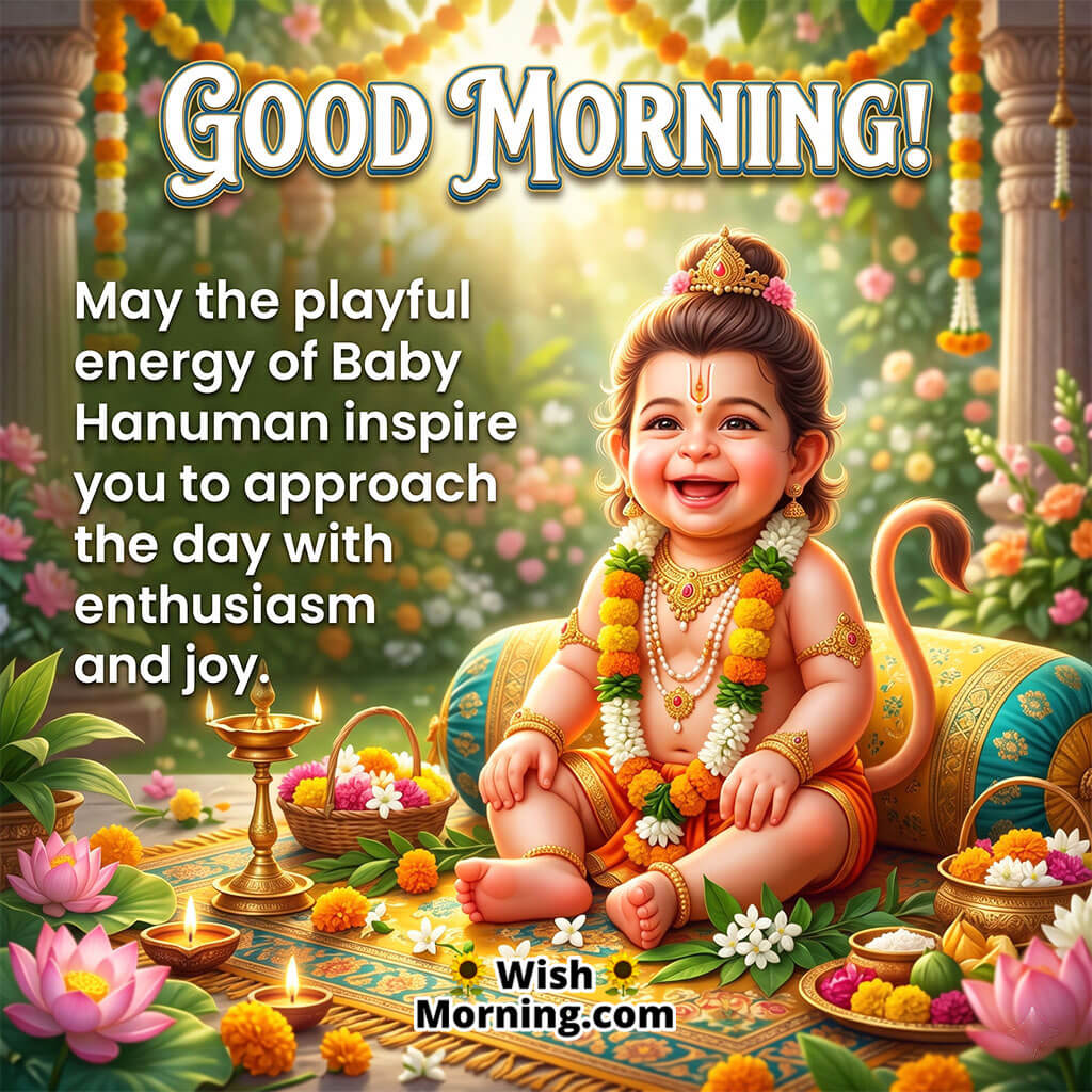 Good Morning Baby Hanuman Energy Message featuring Baby Hanuman sitting happily in a festive setup with flowers and lamps, symbolizing energy, joy, and positive spirit.