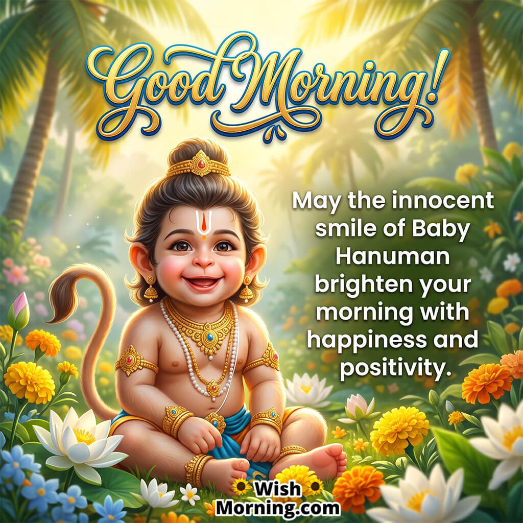 Good Morning Baby Hanuman Joy Message featuring Baby Hanuman smiling among flowers and greenery, symbolizing innocence, joy, and cheerful beginnings.