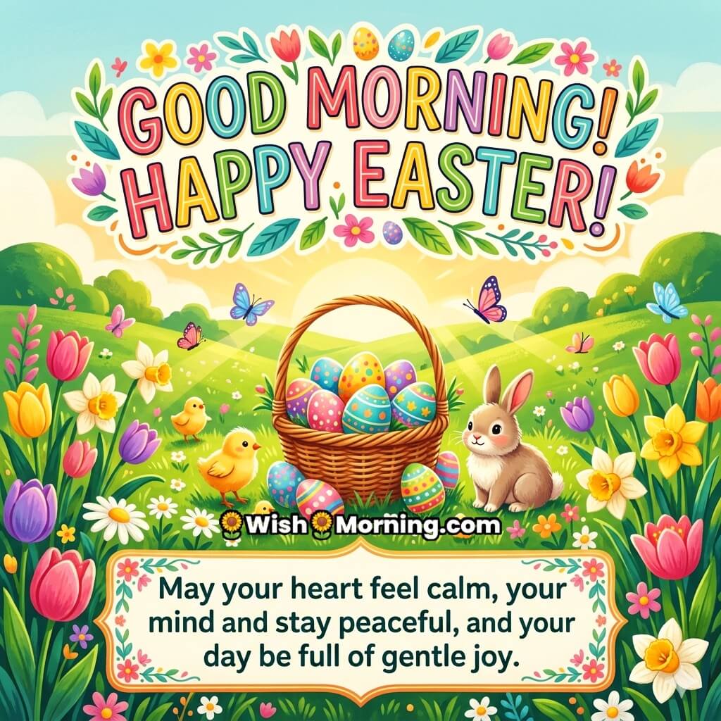 Good Morning Easter Calm Heart and Peaceful Day Message Image featuring egg basket, bunny, chicks, butterflies, and blooming flowers symbolizing serenity, gentle joy, and fresh beginnings.