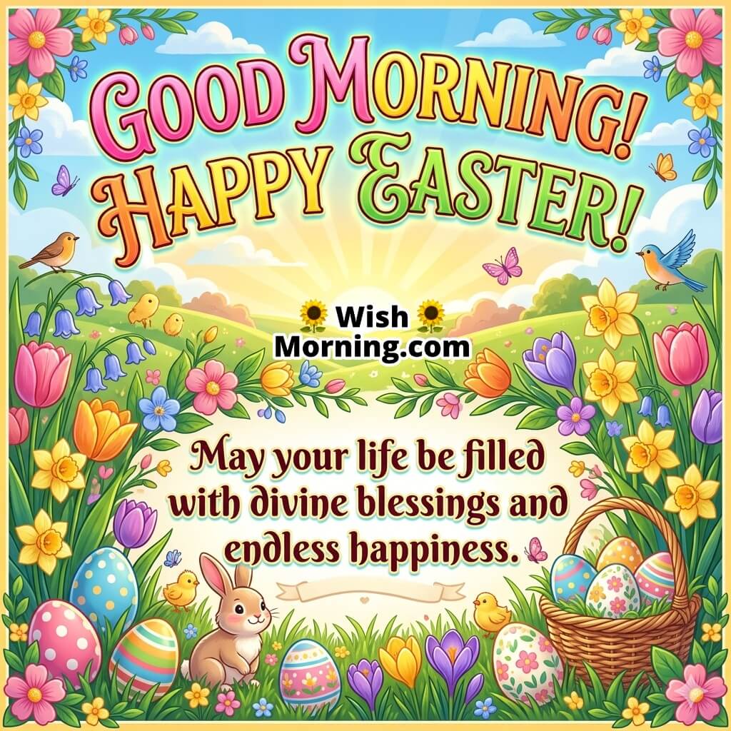 Good Morning Easter Divine Blessings and Happiness Wish Image featuring colorful eggs, bunny, chicks, sunrise, and vibrant flowers symbolizing joy, abundance, and festive positivity.
