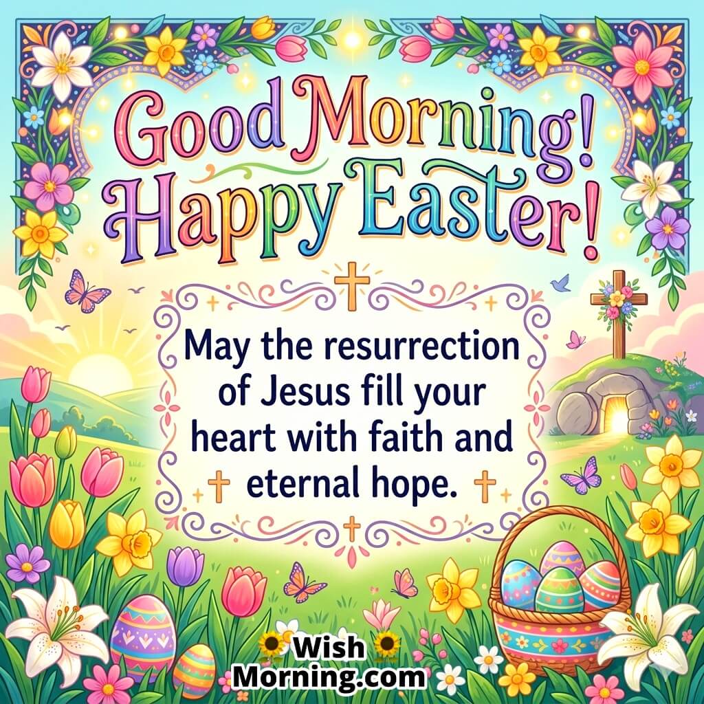 Good Morning Easter Faith and Hope Message Image featuring a sunrise scene with cross, decorated eggs, and flowers symbolizing resurrection, faith, and new hope.