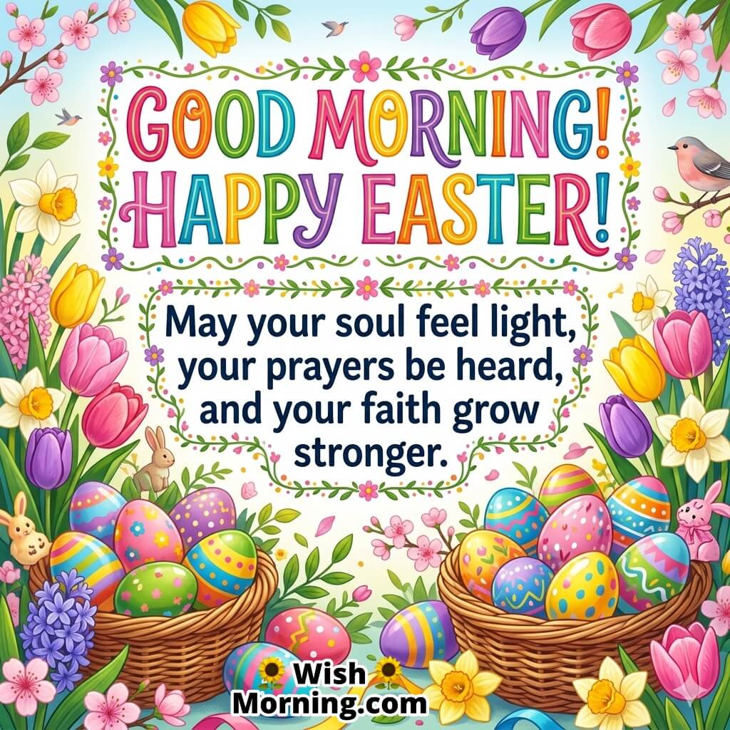 Good Morning Easter Faith and Prayer Blessings Message Image featuring baskets of colorful eggs, flowers, bunny, and sparrow symbolizing faith, hope, and spiritual strength.