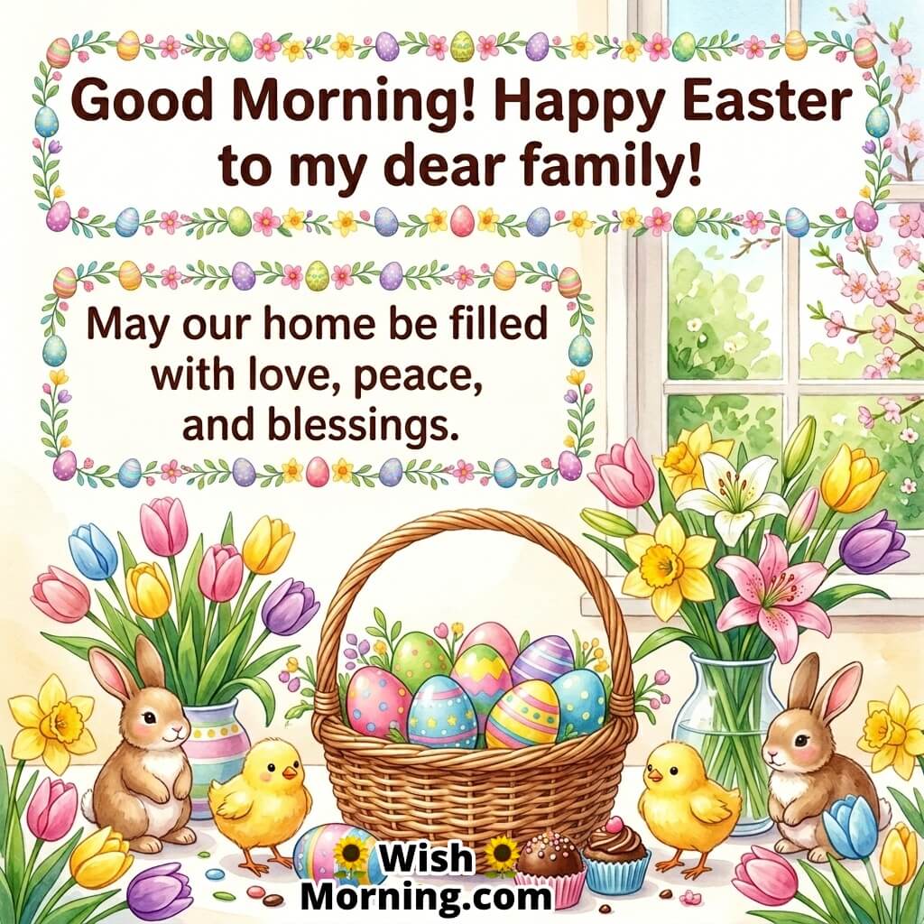 Good Morning Easter Family Love and Blessings Message Image featuring a cozy home setting with flowers, eggs basket, bunny, and chick symbolizing warmth, togetherness, and family joy.
