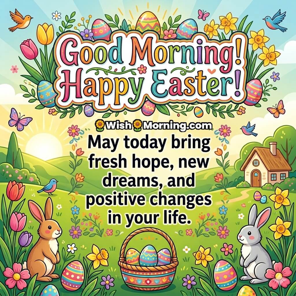 Good Morning Easter Fresh Hope and Positive Changes Message Image featuring bunnies, colorful eggs, flowers, birds, and countryside scene symbolizing renewal, growth, and new opportunities.
