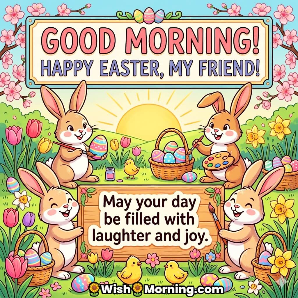 Good Morning Easter Friends Joyful Celebration Message Image featuring cheerful bunnies painting eggs with flowers and sunshine symbolizing friendship, fun, and festive happiness.