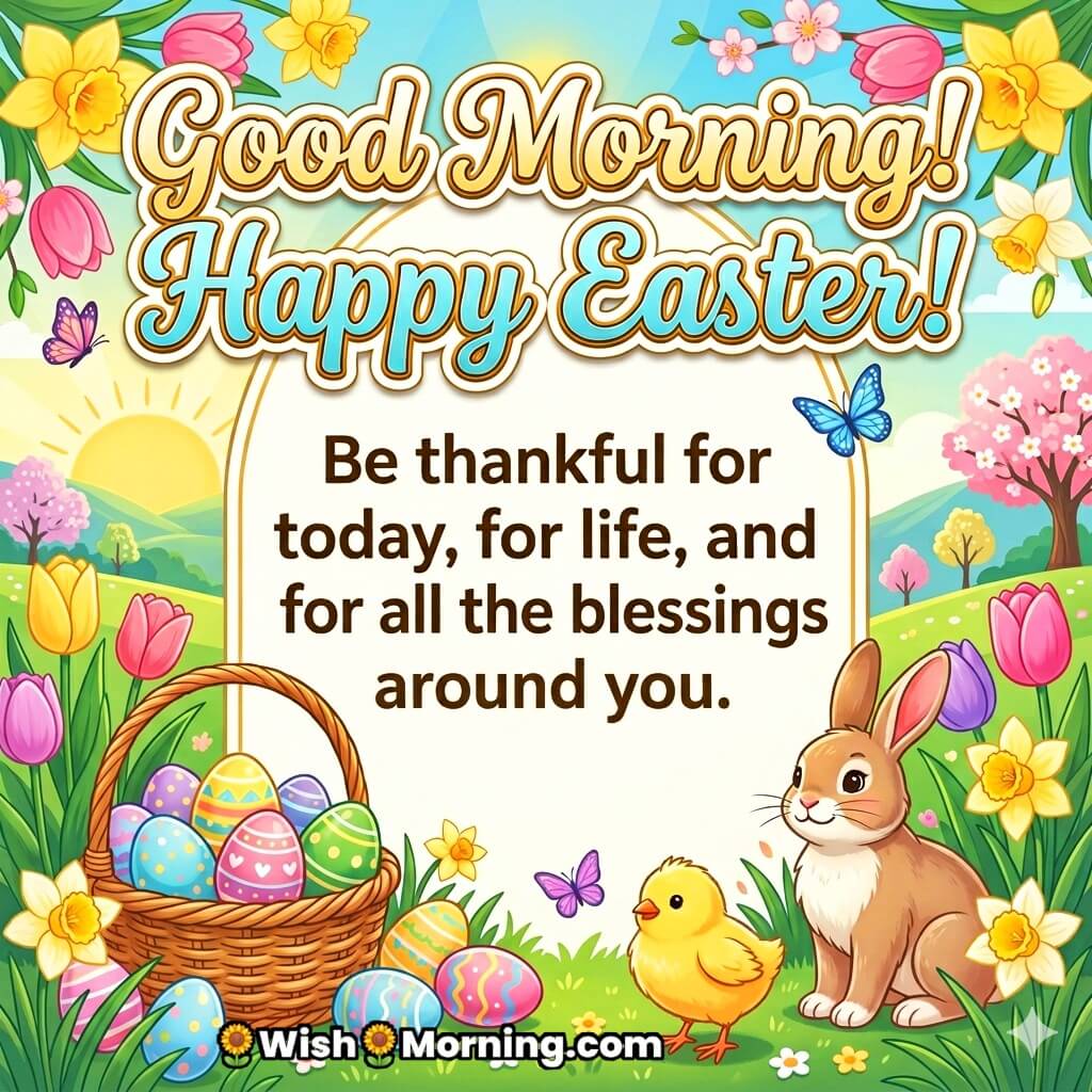 Good Morning Easter Gratitude and Blessings Message Image featuring bunny, chick, egg basket, sunrise, and flowers symbolizing thankfulness, warmth, and joyful celebration.