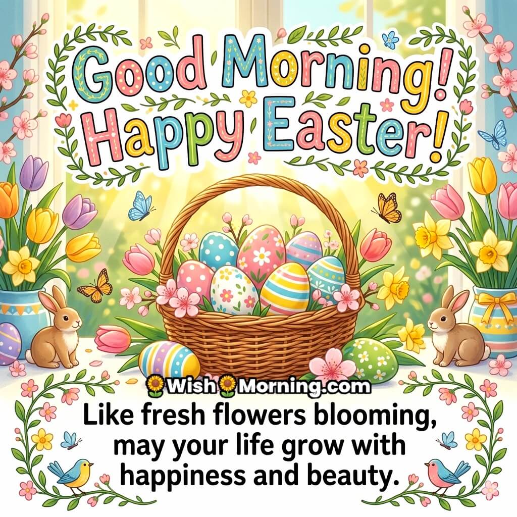 Good Morning Easter Growth and Happiness Wish Image featuring decorated eggs, floral frame, birds, bunny, and spring blossoms symbolizing growth, beauty, and cheerful beginnings.