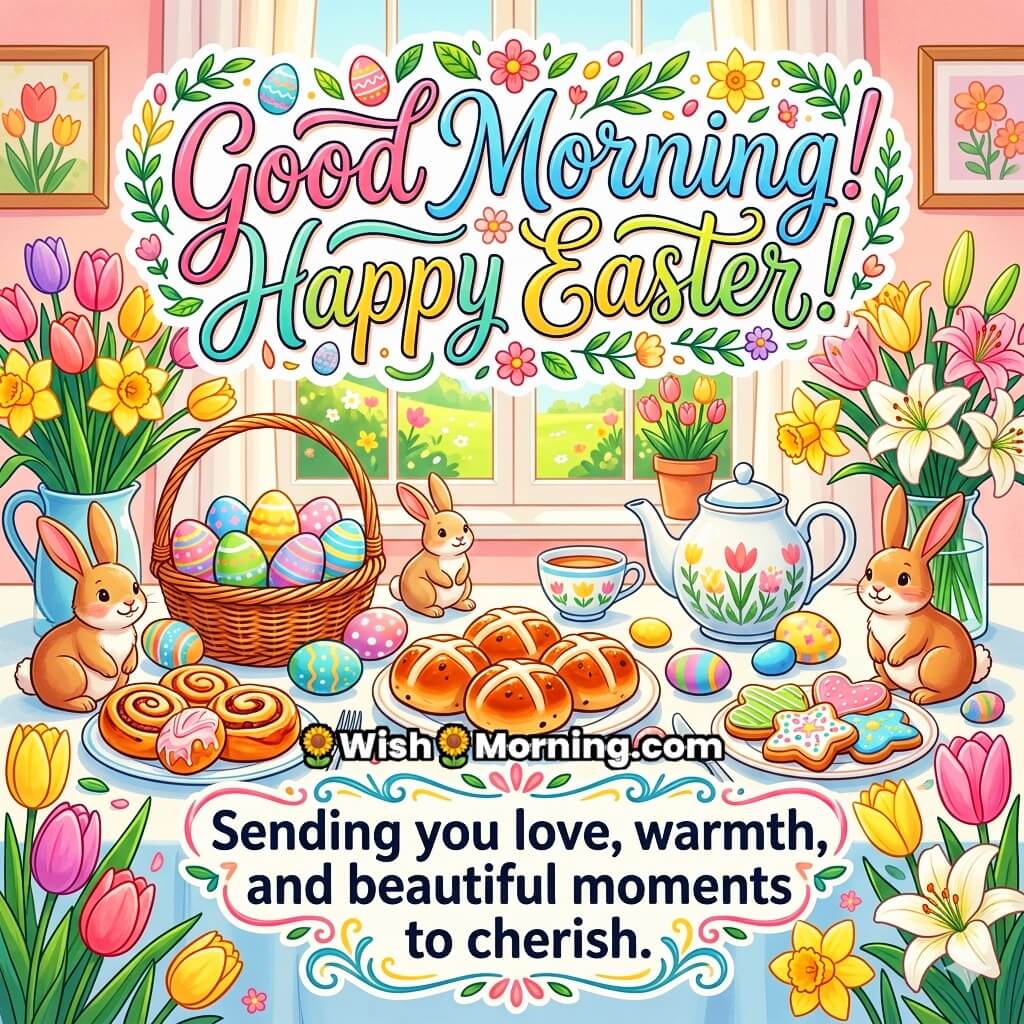 Good Morning Easter Love and Warm Wishes Message Image featuring festive breakfast setup, bunny, eggs, flowers, and spring décor symbolizing love, comfort, and happy moments.