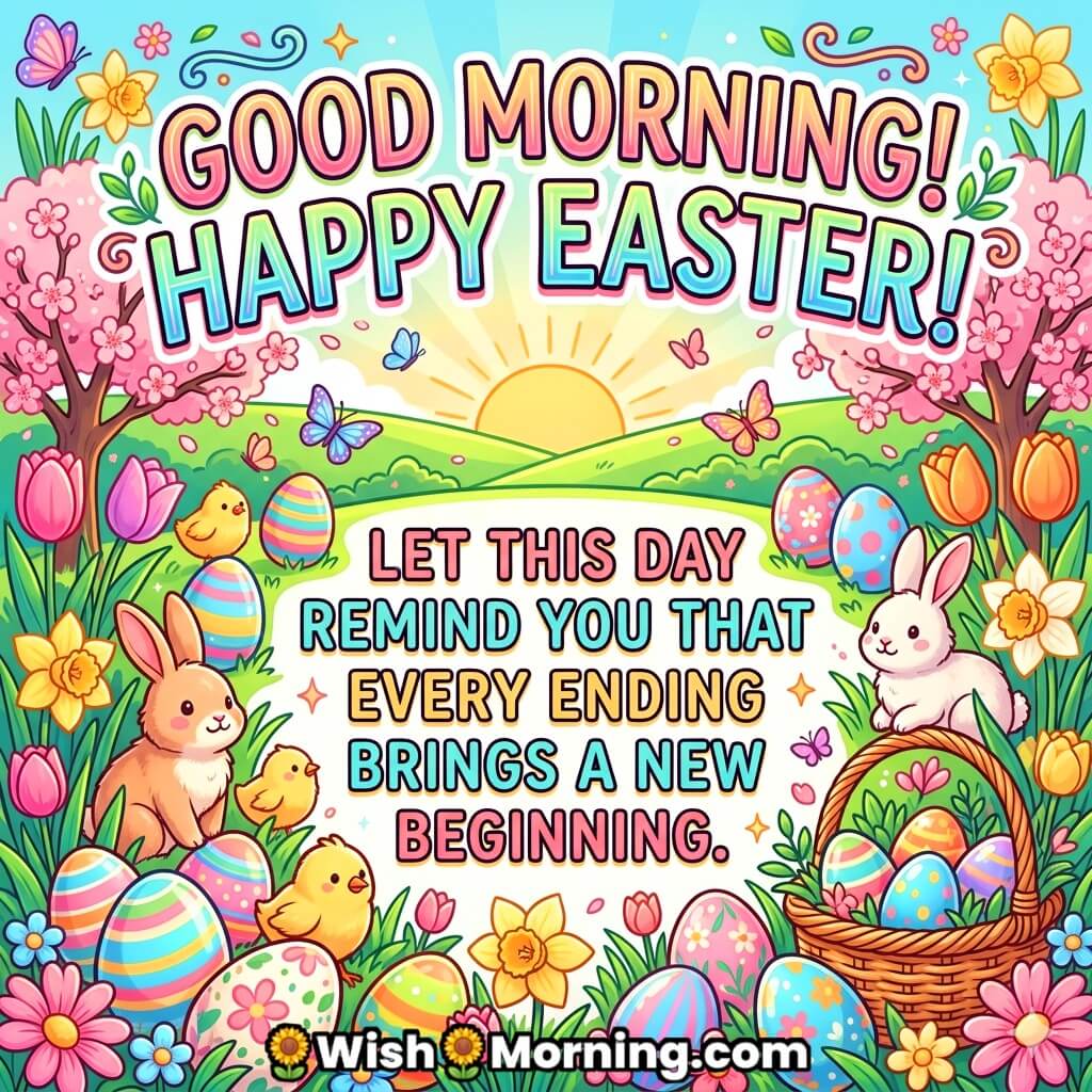 Good Morning Easter New Beginning Quote Image featuring cute bunnies, chicks, colorful eggs, and rising sun symbolizing fresh starts, happiness, and renewal of life.