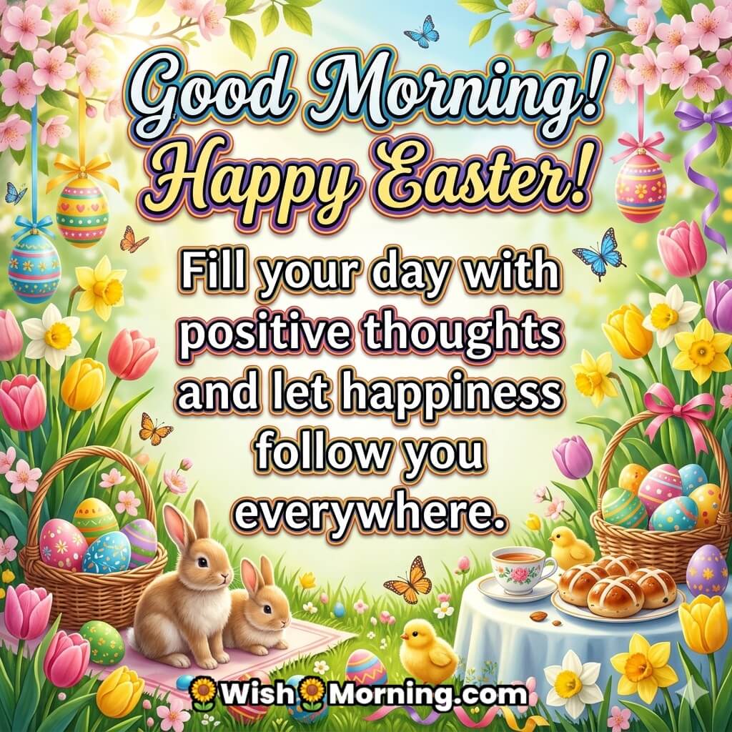 Good Morning Easter Positive Thoughts and Happiness Quote Image featuring bunny, chicks, egg baskets, flowers, and butterflies symbolizing optimism, joy, and uplifting energy.