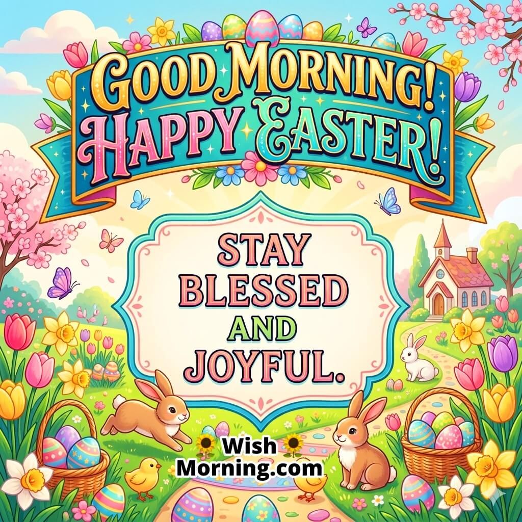 Good Morning Easter Stay Blessed Quote Image featuring a spring landscape with bunnies, eggs, flowers, and a small church symbolizing blessings, joy, and peaceful celebration.