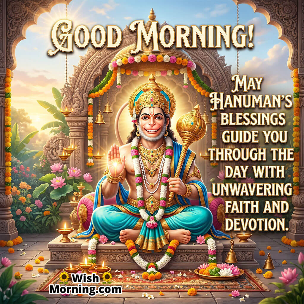 Good Morning Hanuman Devotion Message featuring Lord Hanuman seated in a decorated temple with diya lights and flowers, symbolizing devotion, strength, and divine guidance.