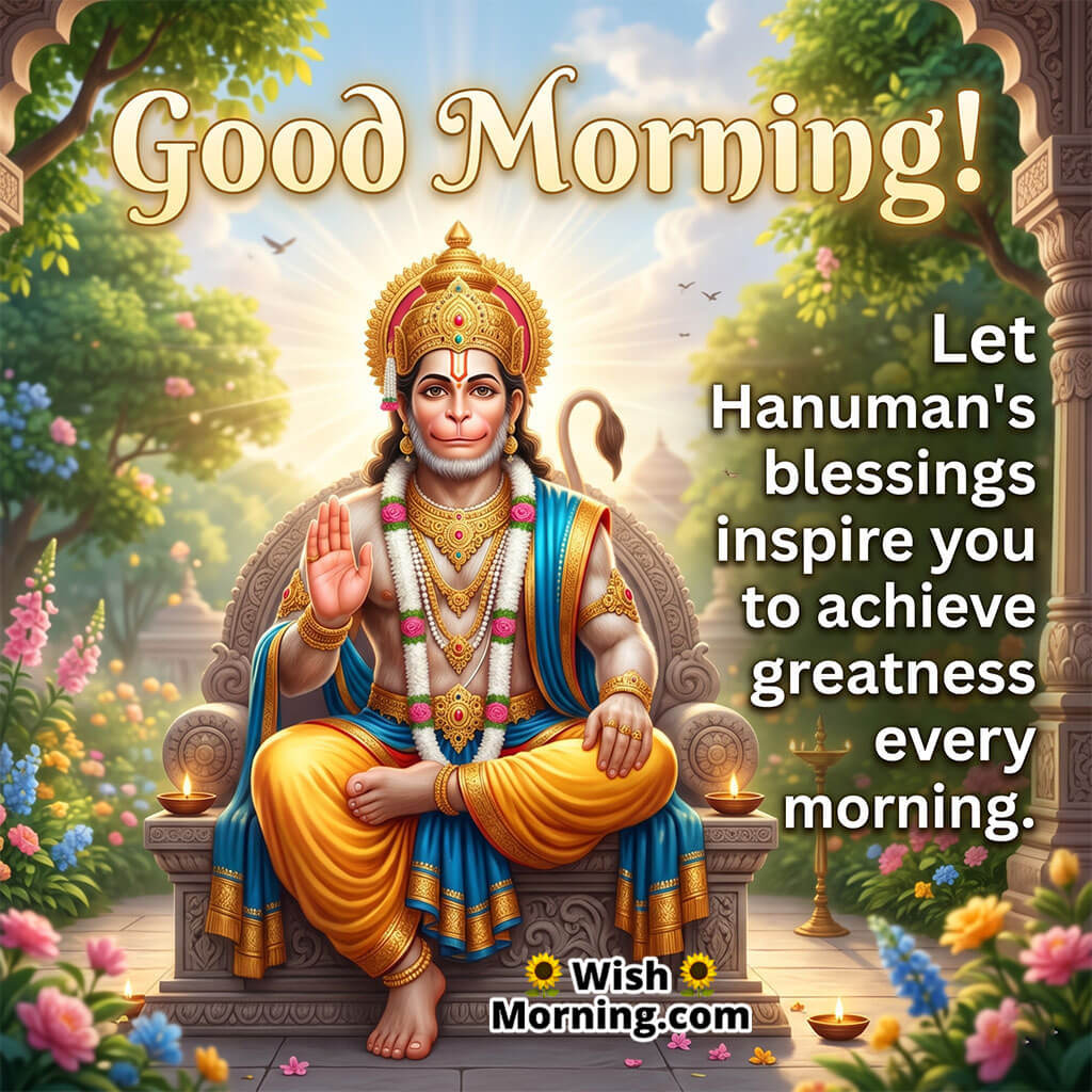 Good Morning Hanuman Inspiration Message featuring Lord Hanuman seated calmly on a throne with temple background, symbolizing inspiration, courage, and inner strength.