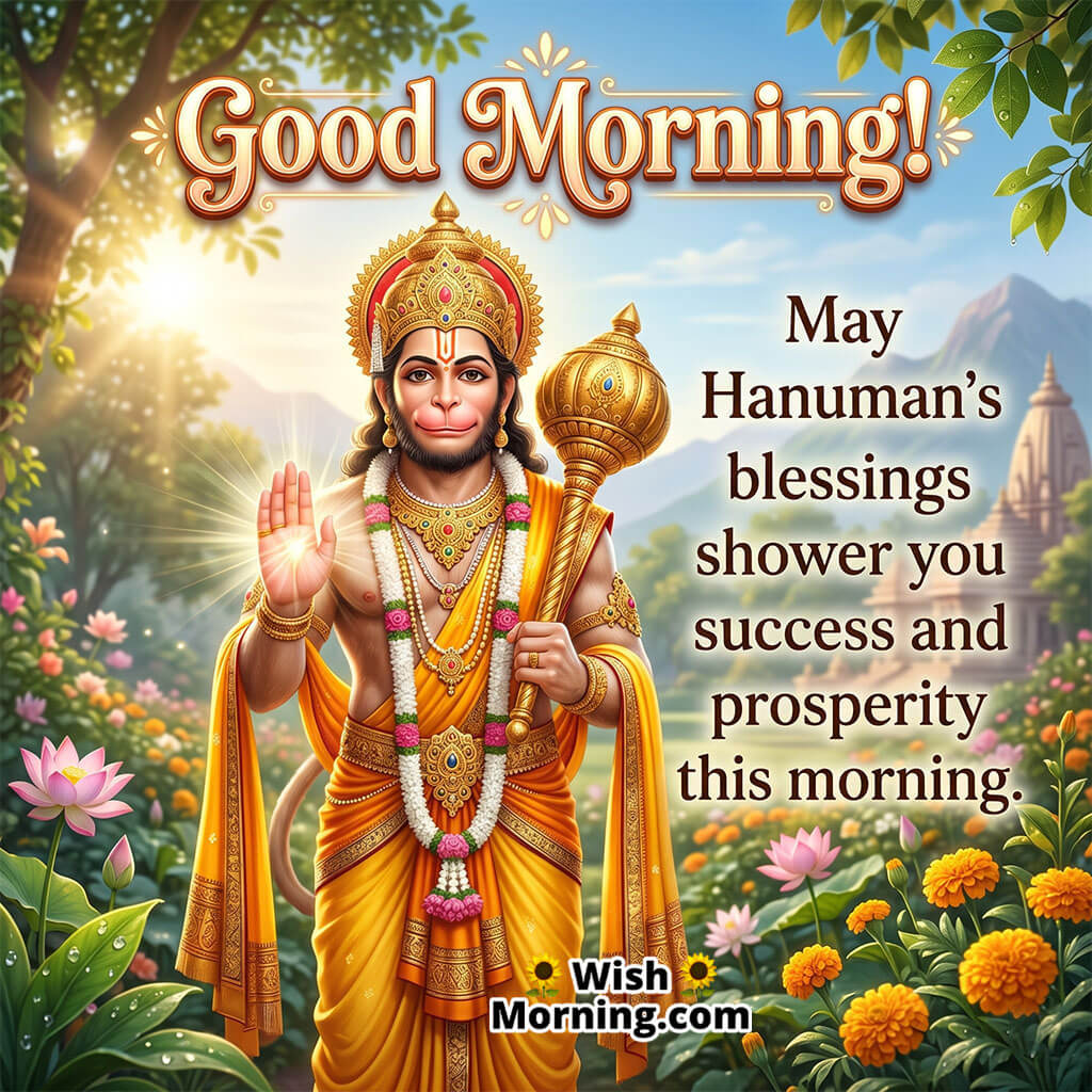 Good Morning Hanuman Prosperity Message featuring Lord Hanuman standing with gada in a scenic temple garden, symbolizing success, prosperity, and strength.