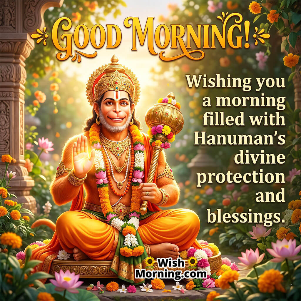 Good Morning Hanuman Protection Message featuring Lord Hanuman in a vibrant garden with flowers and soft sunlight, symbolizing protection, positivity, and divine care.