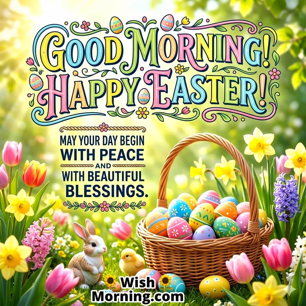 Good Morning Happy Easter Peace and Blessings Message Image featuring a basket of colorful eggs, bunny, chick, and blooming spring flowers symbolizing joy, peace, and festive blessings.