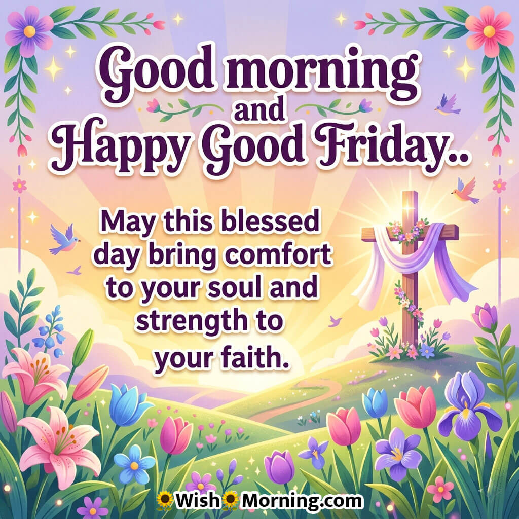 Happy Good Friday Comfort and Faith Blessing Quote Image featuring a glowing cross, soft pastel sky, and blooming flowers symbolizing comfort, strength, and deep faith.