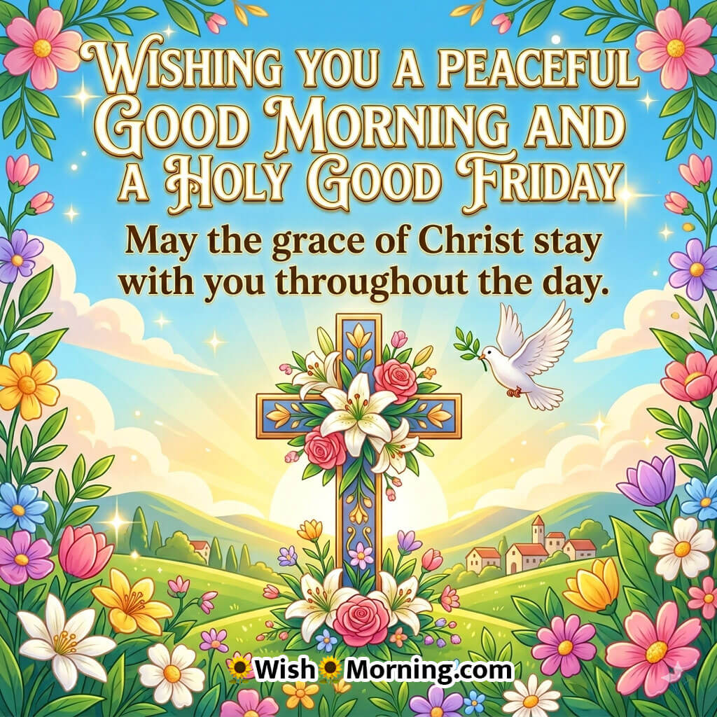 Holy Good Friday Grace and Blessings Message Image featuring a decorated cross, flying dove, and bright sky symbolizing grace of Christ, blessings, and spiritual comfort.