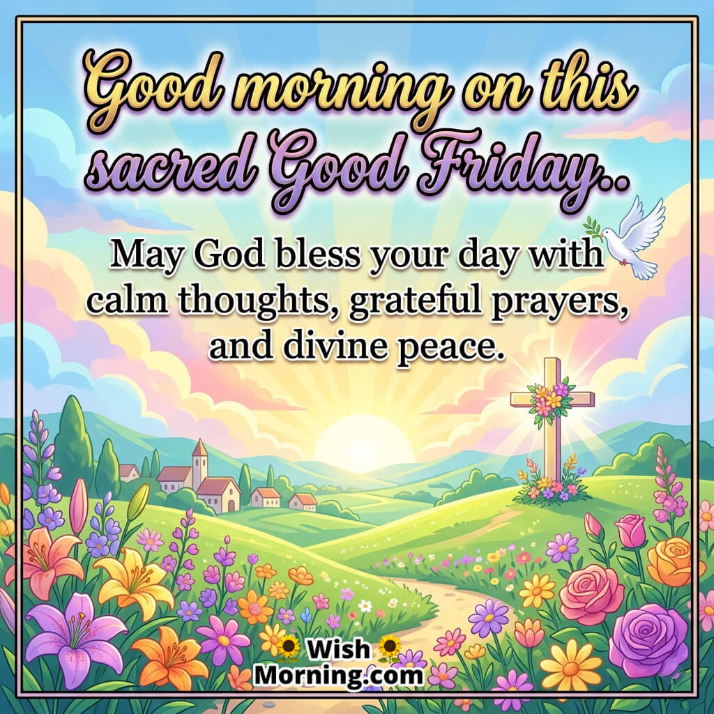 Sacred Good Friday Divine Peace Prayer Quote Image featuring a serene landscape with a cross, sunrise, and blooming flowers symbolizing prayer, calm thoughts, and divine peace.