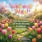 Welcome May featuring tulips in morning sunlight, symbolizing brightness, positivity, and the cheerful energy of May.