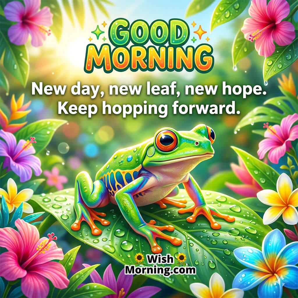 Bright Good Morning Frog Motivation Message Image featuring a colorful frog resting on a green leaf surrounded by tropical flowers and glowing morning light, symbolizing hope, confidence, and fresh new beginnings.