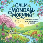 Calm Monday Morning Nature Peace Wish featuring sunrise over green hills, blooming flowers, flowing stream, and peaceful wildlife symbolizing calmness and a refreshing start.