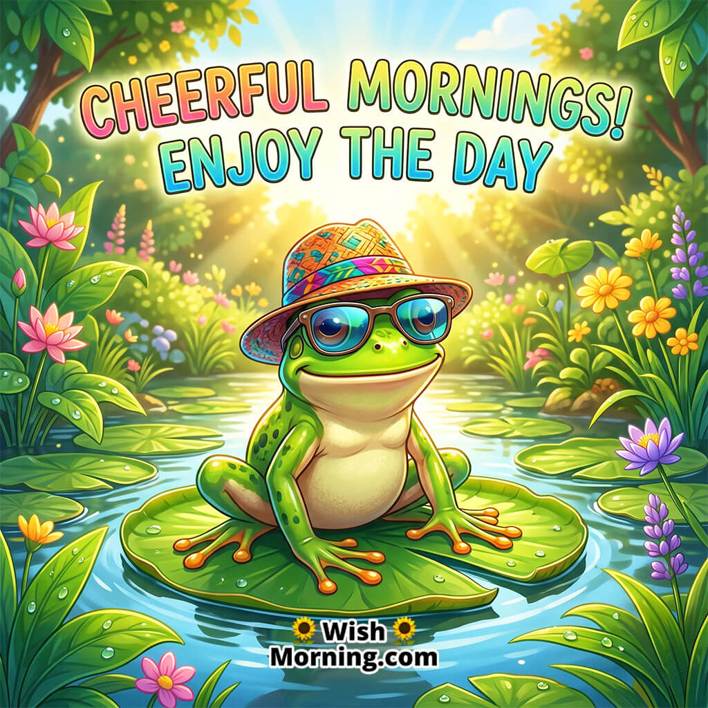 Cheerful Morning Frog Fun Greeting Image featuring a stylish smiling frog wearing sunglasses and a colorful hat while sitting on a lily pad in a bright pond garden, symbolizing fun, confidence, and cheerful morning positivity.