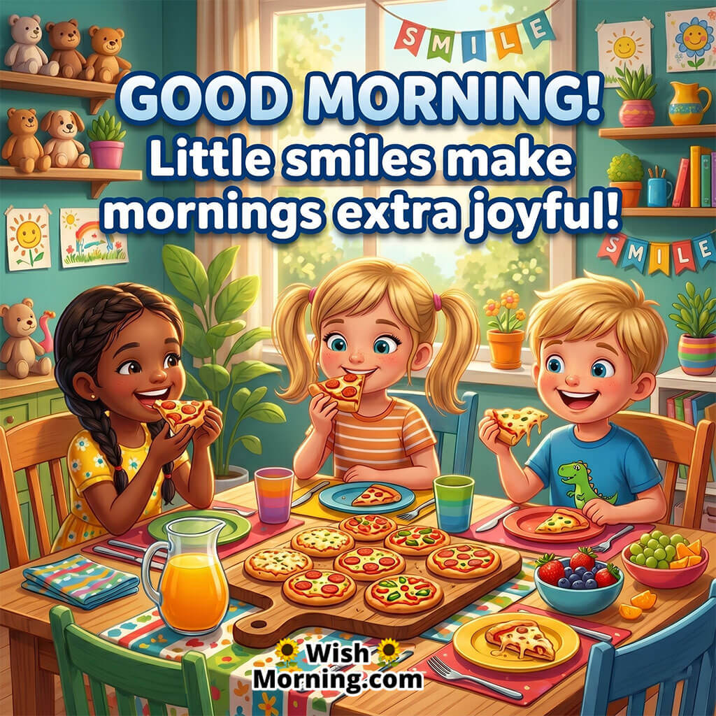 Cute Good Morning Kids Pizza Breakfast Image with Quote featuring happy kids eating mini pizzas with juice symbolizing playful and joyful mornings.