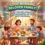 Good Morning Beloved Family Love Message Image featuring a happy family enjoying breakfast together in a bright kitchen with cheerful morning sunlight symbolizing love, unity, and joyful family moments.