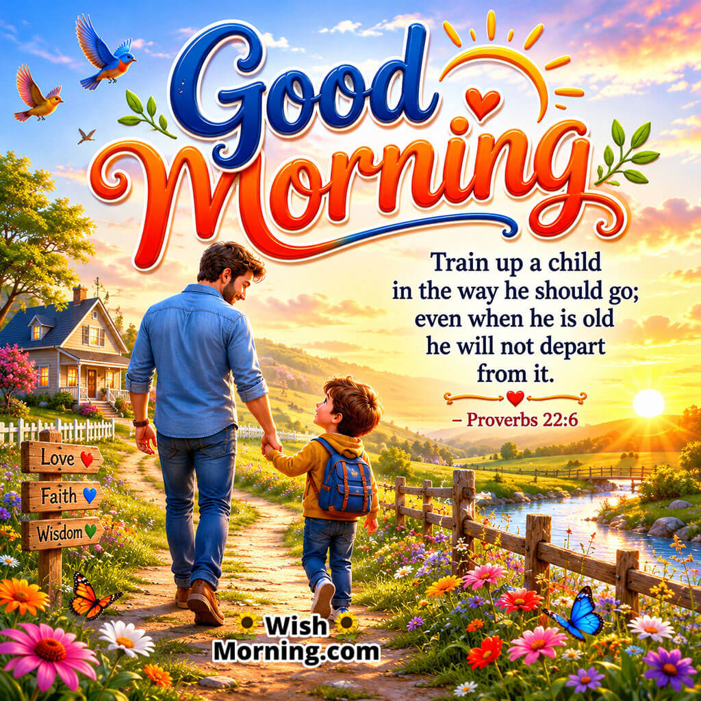 Good Morning Bible Verse for Parents Message featuring a father walking hand in hand with his child along a peaceful countryside path at sunrise, symbolizing godly guidance, faith, and wisdom passed to the next generation.