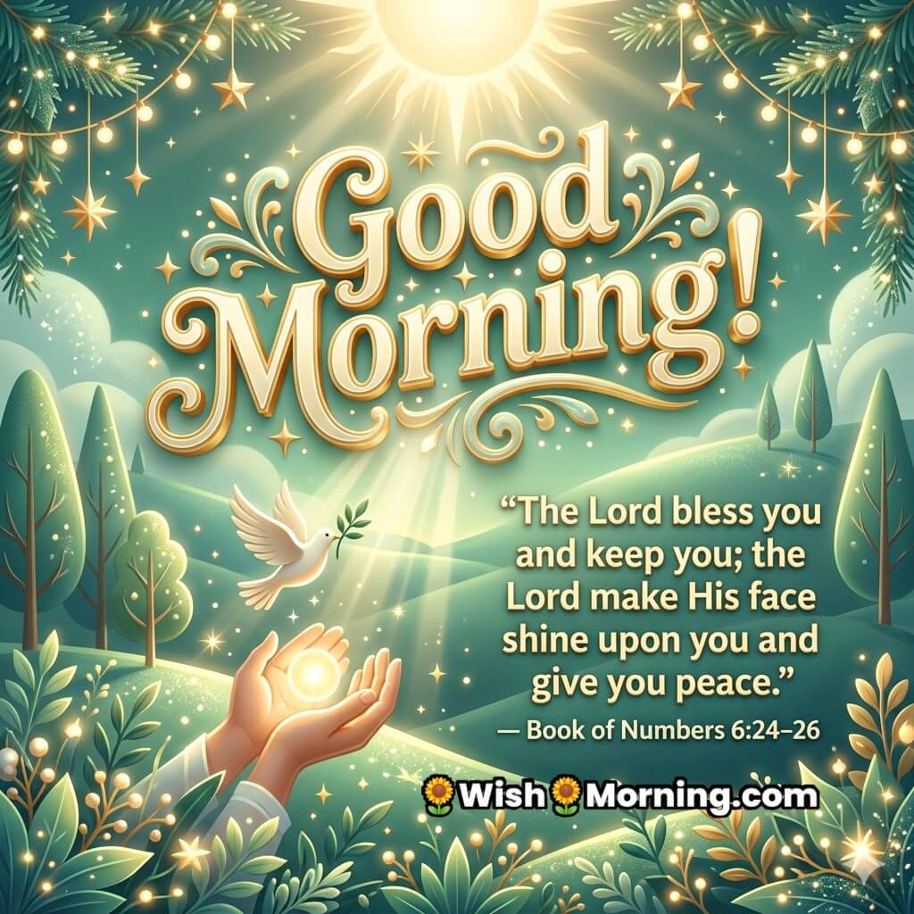 Good Morning Bible Blessing Verse for Peaceful Life featuring glowing light in open hands, flying dove, soft green hills, and radiant sky symbolizing blessings, guidance, and inner peace.