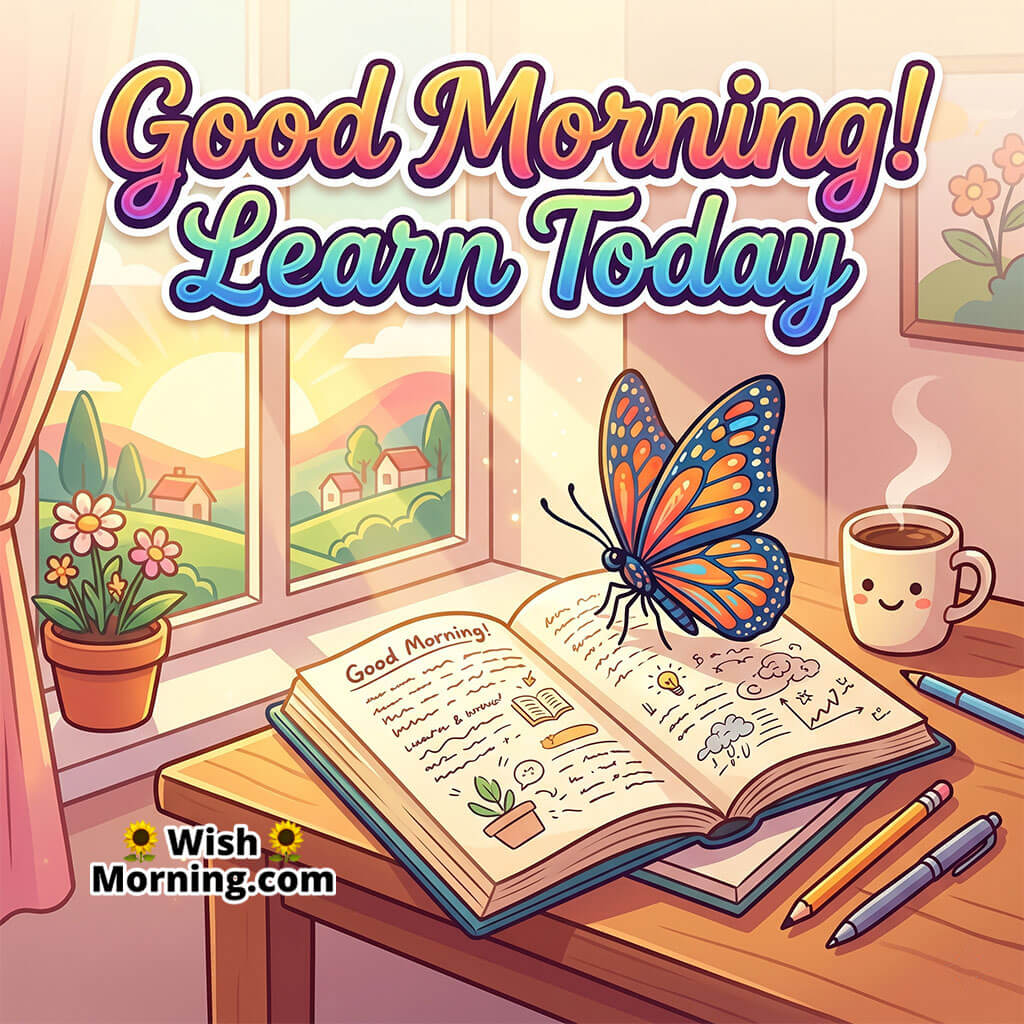Good Morning Butterfly Book Image with Message featuring a butterfly on an open book near sunny window light symbolizing fresh learning focus and new ideas.