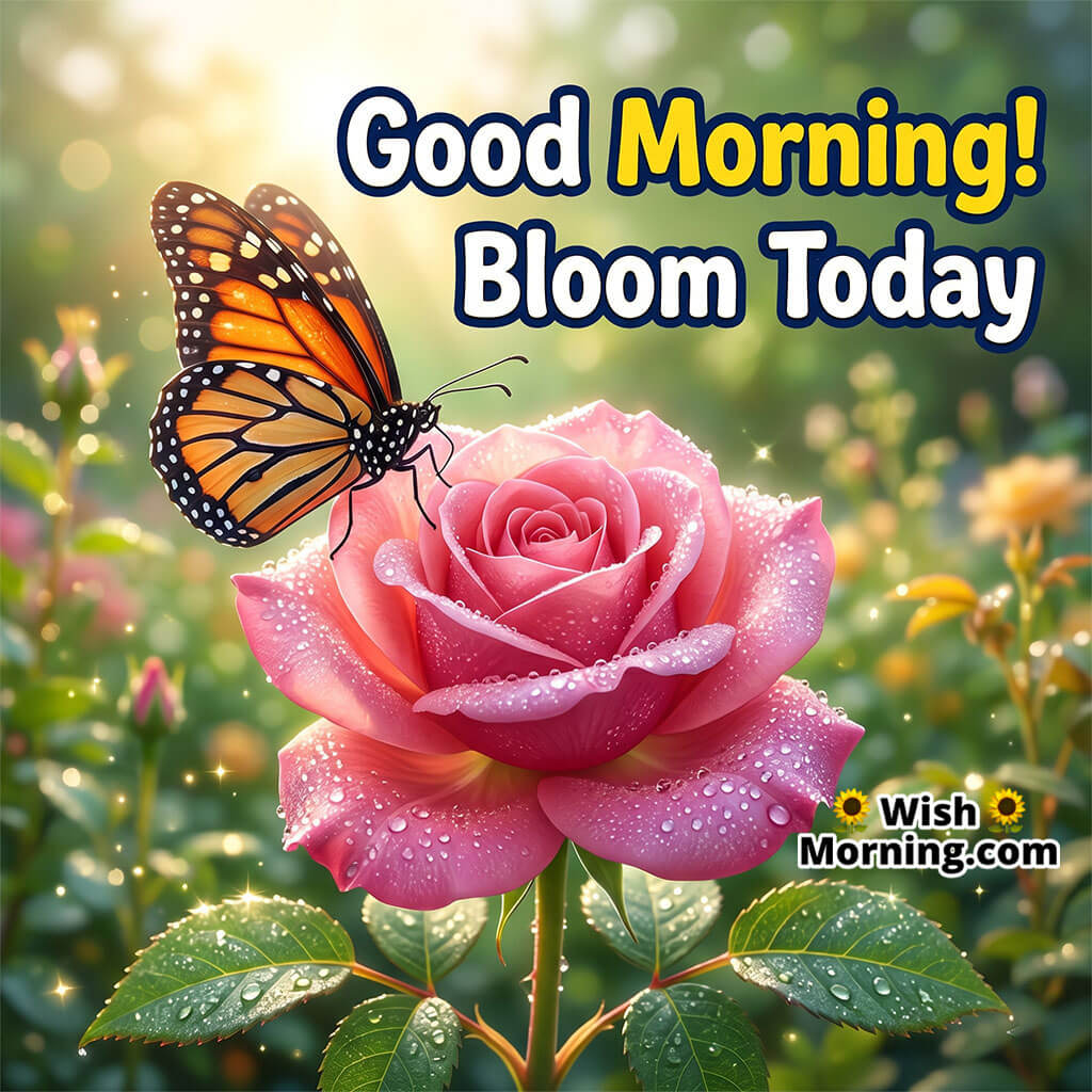 Good Morning Butterfly Rose Image with Message featuring a butterfly on a dewy pink rose in morning garden light symbolizing fresh beginnings and gentle positivity.