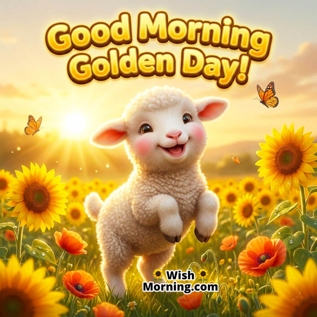 Good Morning Golden Day featuring a fluffy lamb standing in a bright golden flower field, symbolizing warmth and soft happiness.