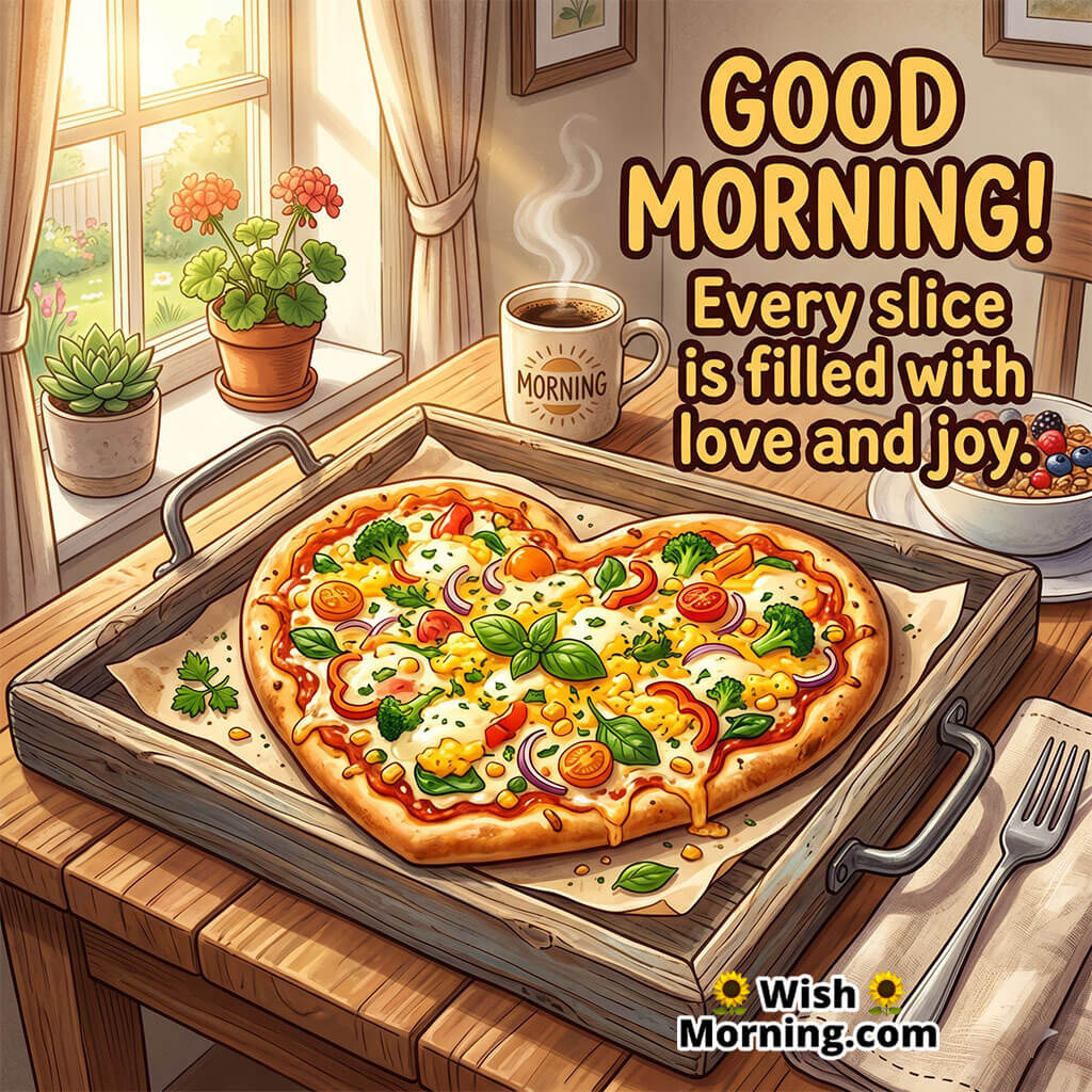 Good Morning Heart Pizza Image with Loving Quote featuring heart-shaped pizza with colorful toppings symbolizing warmth love and happiness.