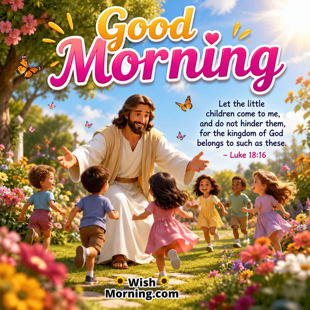 Good Morning Jesus Loves Children Bible Message featuring Jesus warmly welcoming joyful children in a colorful flower garden, symbolizing love, acceptance, and the blessings of God's kingdom.