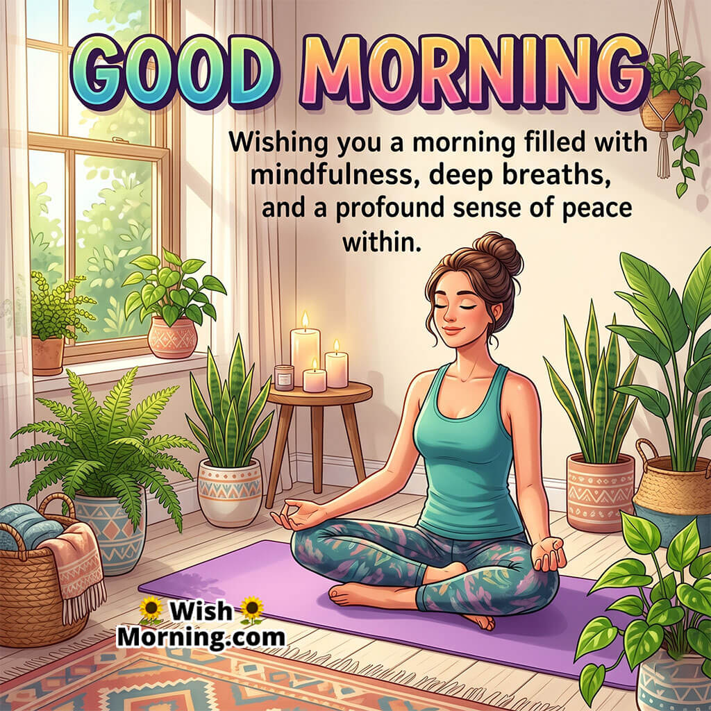 Good Morning Mindfulness Message for Inner Peace featuring woman practicing yoga beside indoor plants symbolizing calm breathing and peaceful energy